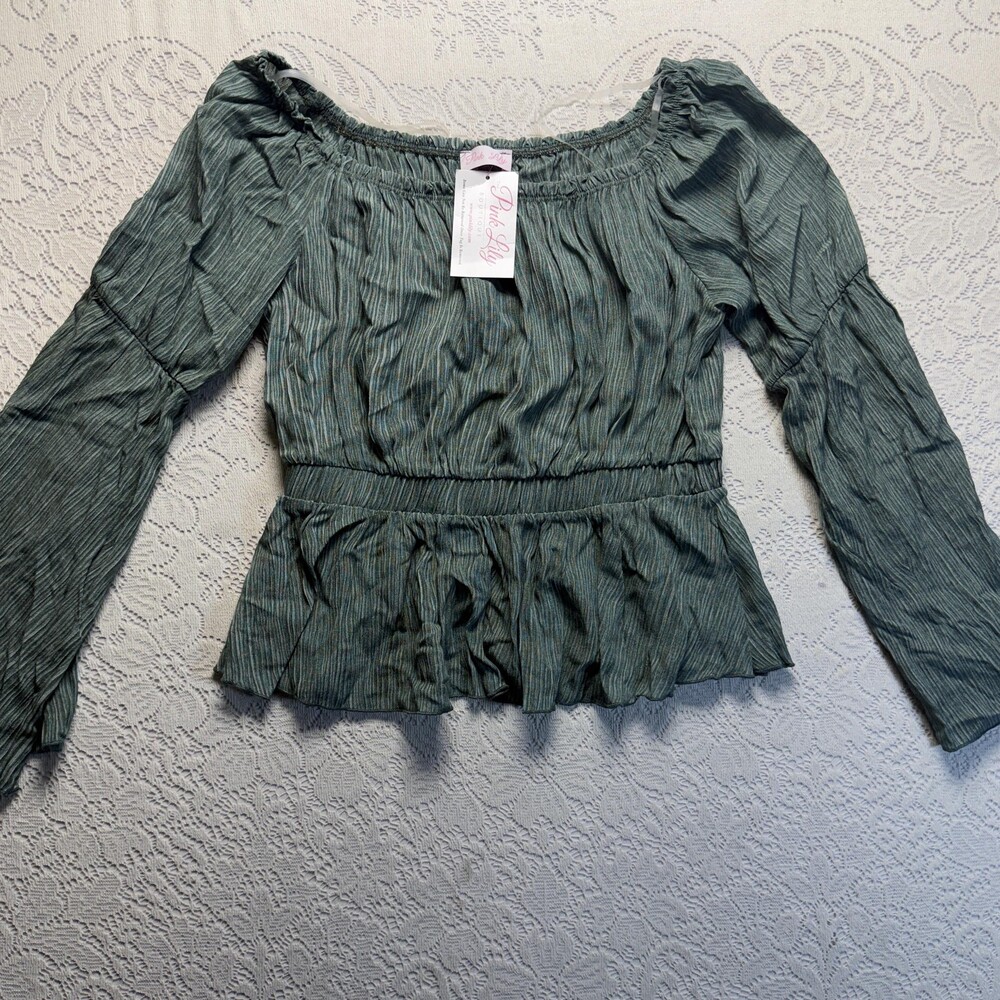Pink Lily Blouse Womens Small Green Striped Off Shoulder Bell Sleeve Peplum